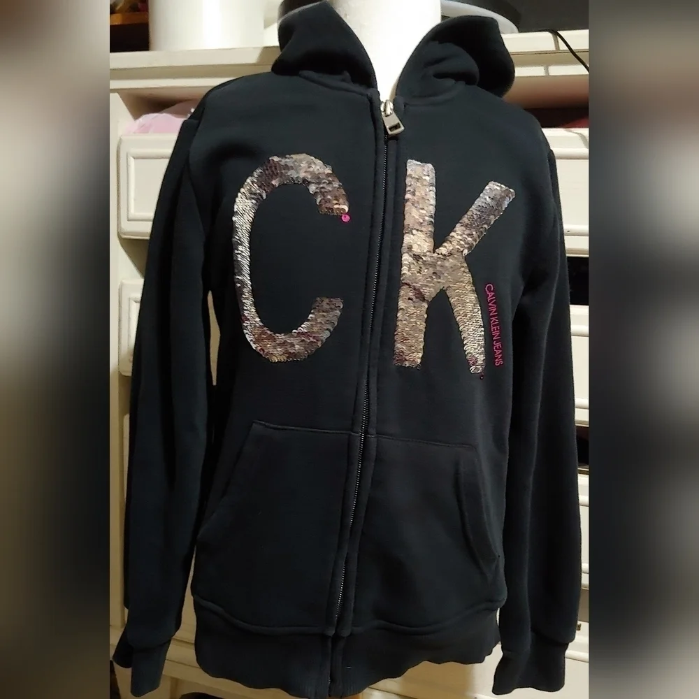 Calvin Klein Kids Girls Light Zip Up Hoodie Jacket W/ Sequin Detail Size 8-10